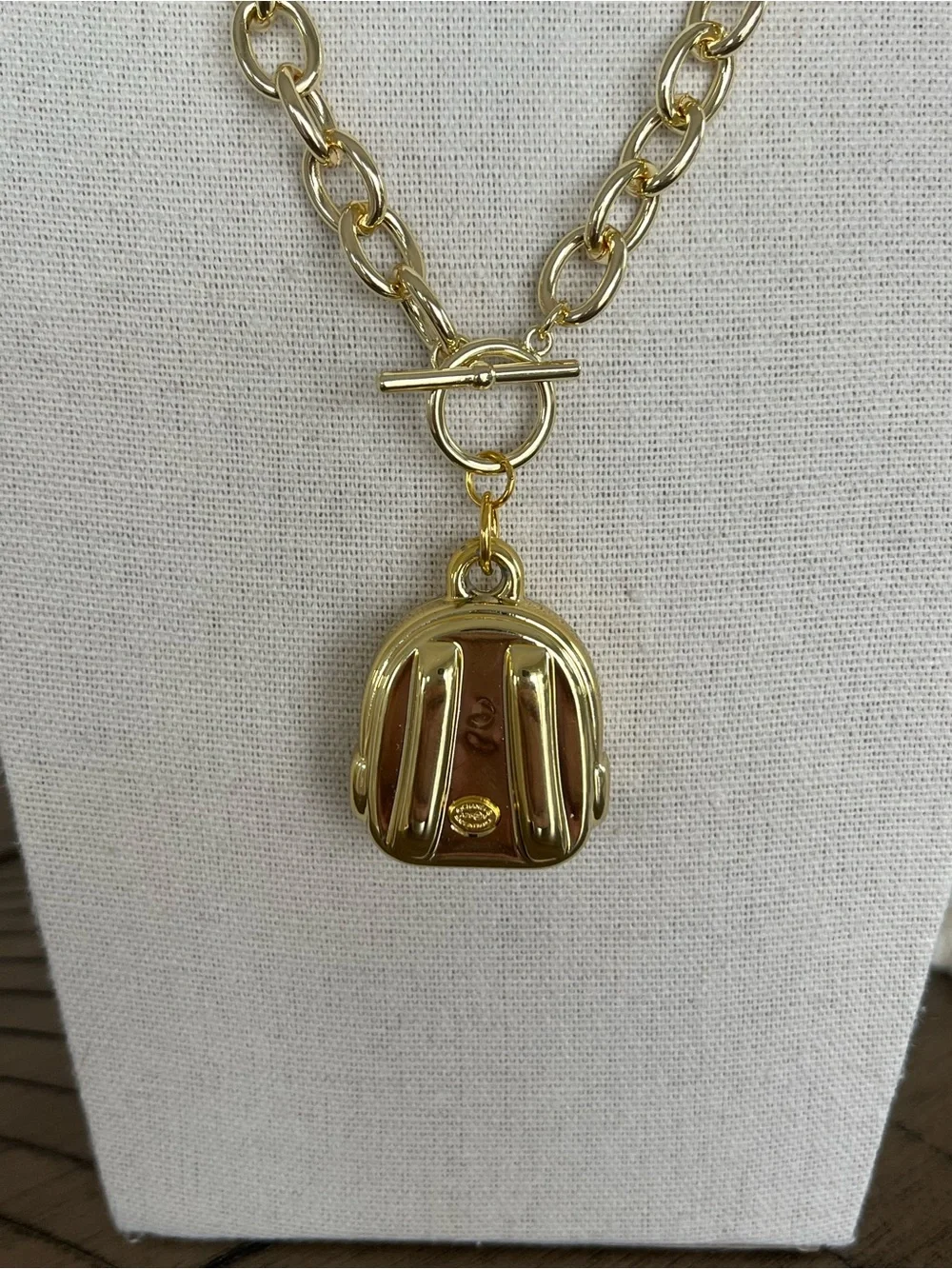 Authentic Chanel Upcycled Large 3D Pink Backpack Charm on 14k GP Toggle Necklace - Picture 3 of 12